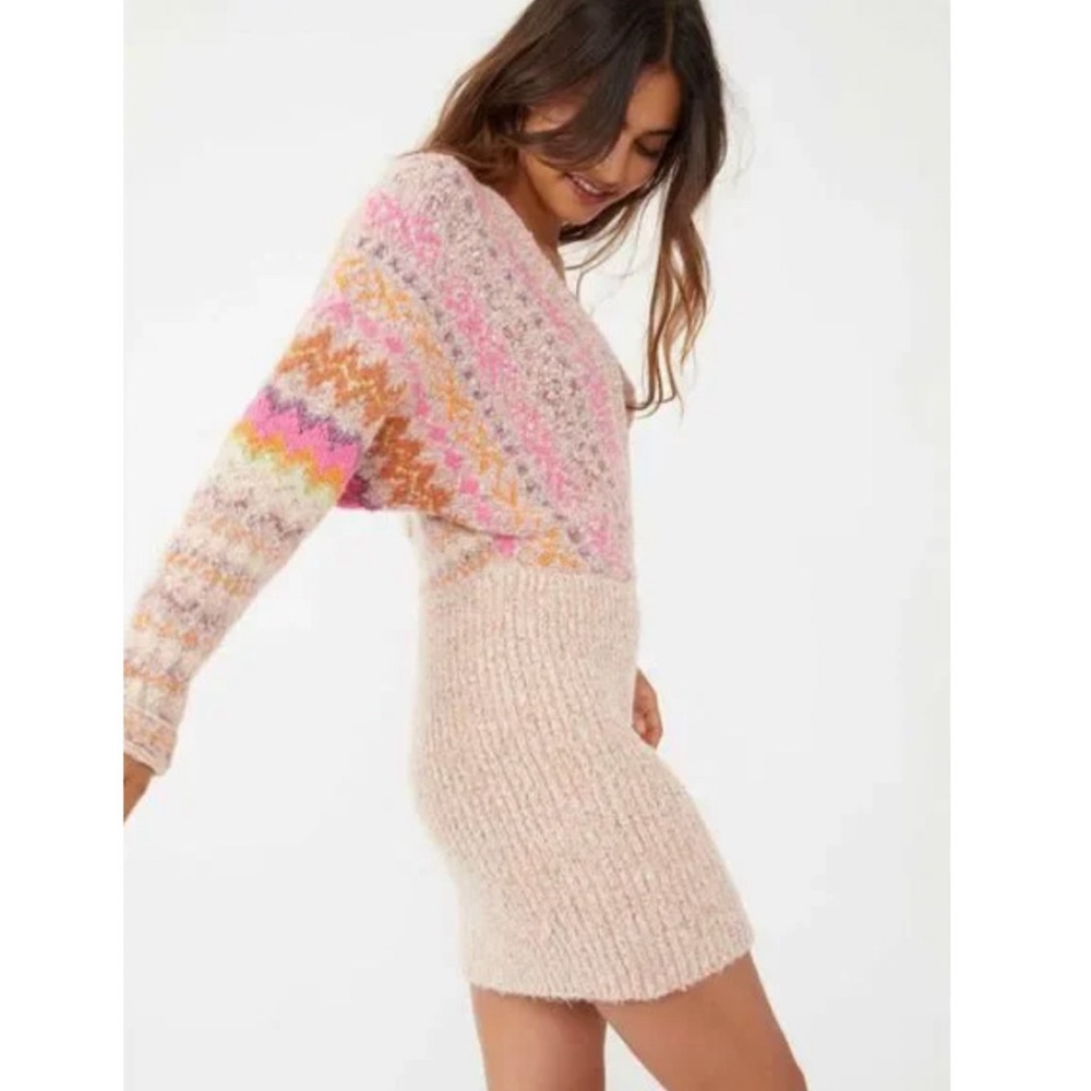 Free People Forever Fair Isle long sleeve knit sweater dress L - Picture 2 of 7